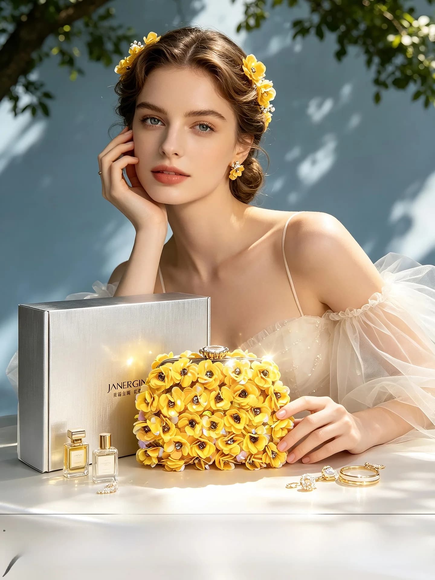 Heavy-Embroidered Yellow 3D Flower Evening Bag Custom-Designed Crossbody Handbag for Parties And Banquets Small Size