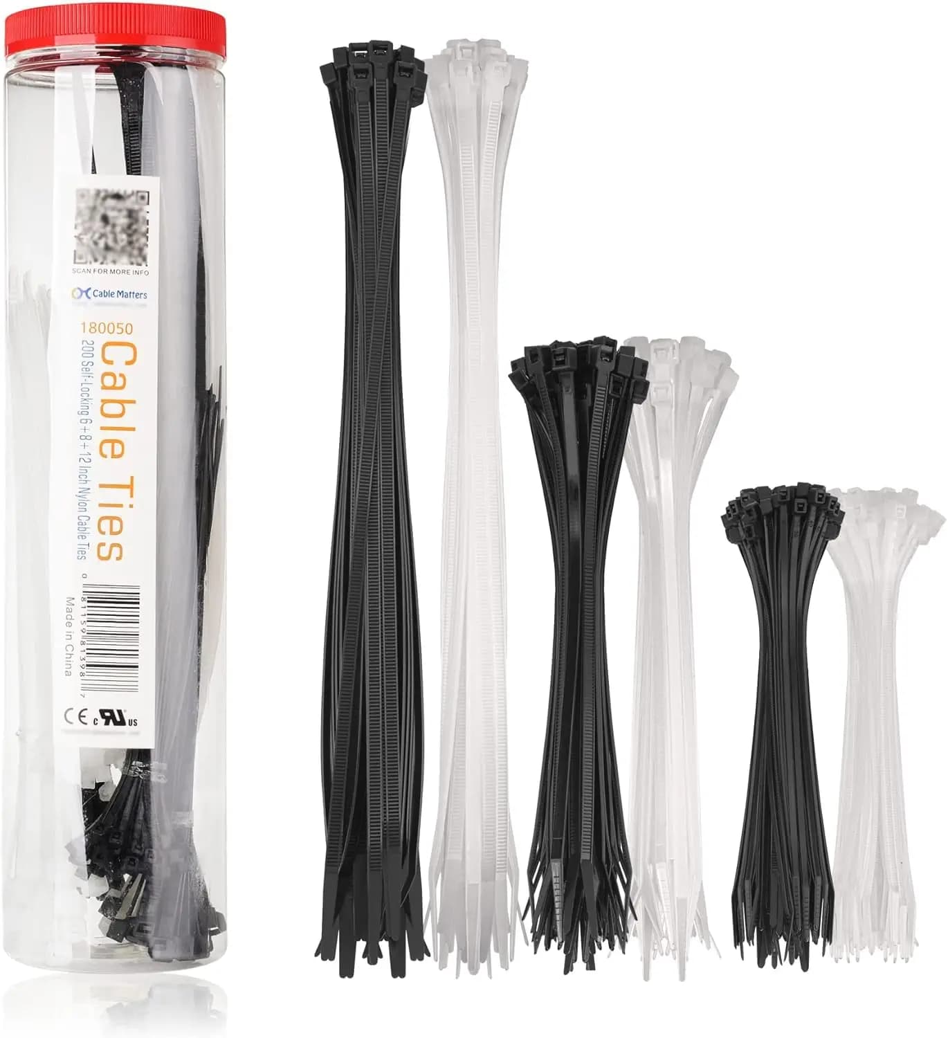 Confezione da 200 fascette stringicavo, 6/8/12 pollici, nere e bianche, per interni ed esterni