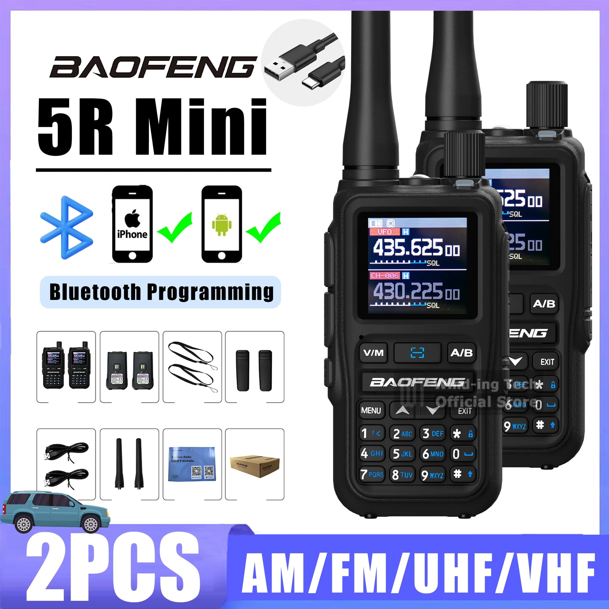 2PCS Baofeng UV 5R Mini Walkie Talkie Bluetooth Frequenza di programmazione Hopping Tipo-C Nero Doppio radio PTT Adatto per flotta