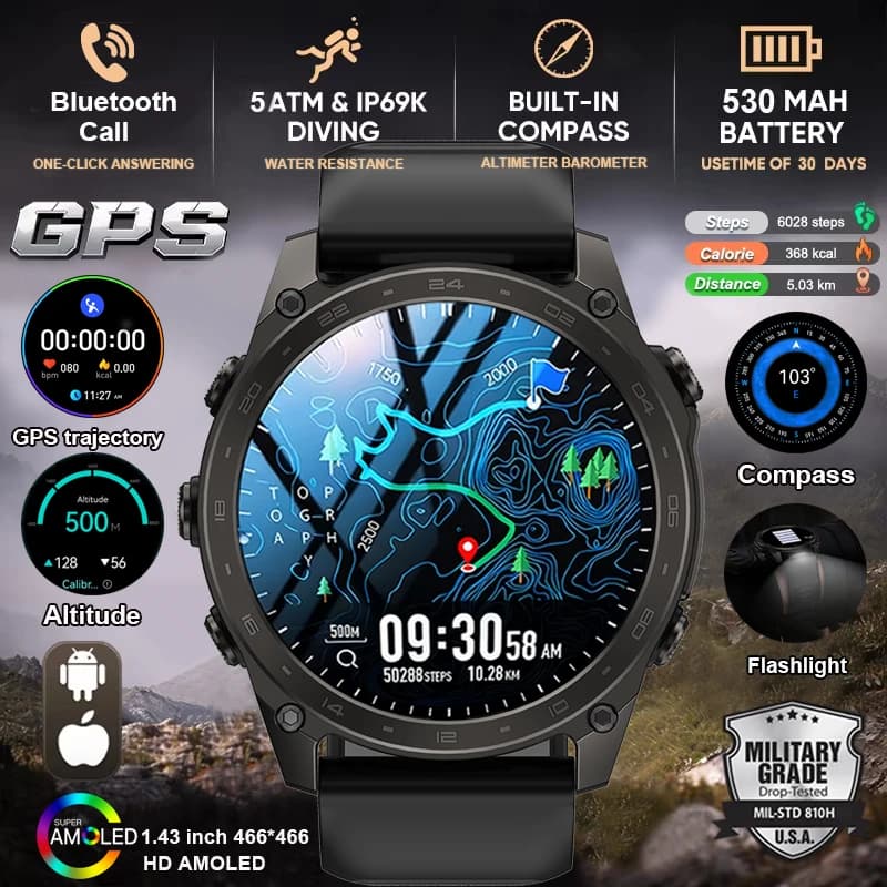Nuovo Smartwatch Sportivo da Esterno con Schermo AMOLED da 1,43”, Chiamate BT, Torcia LED, Bussola, Altimetro, GPS e Tracker 2026