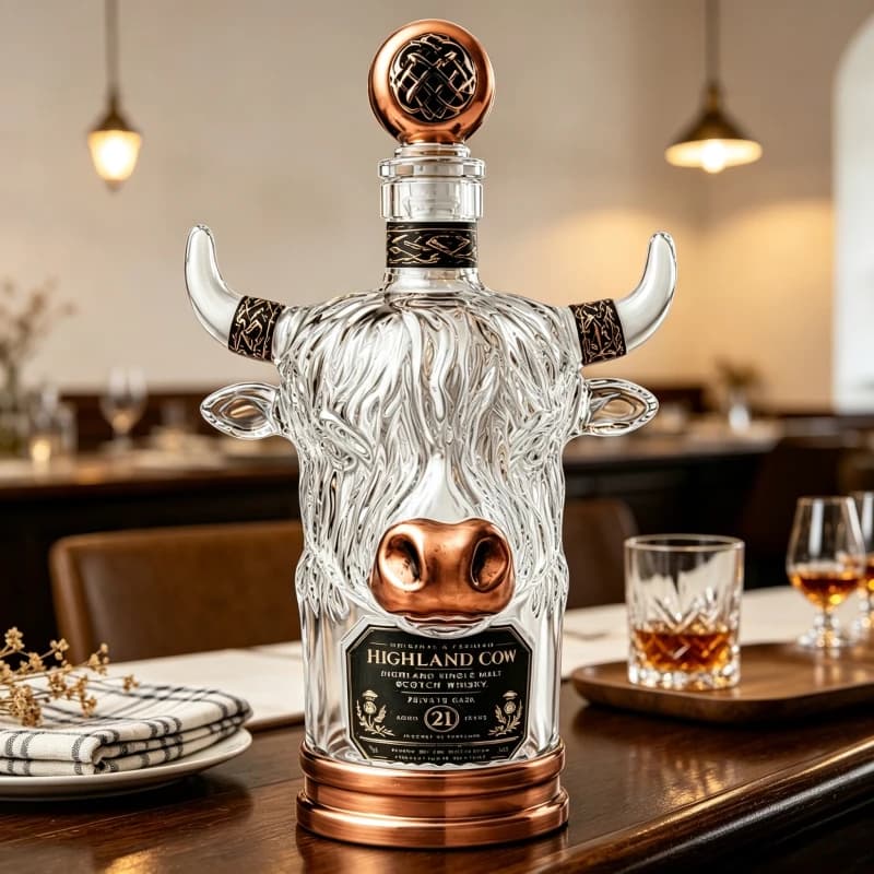 Highland Cow Shaped Glass Whiskey Decanter Bottle with Stopper Vintage Bull Design Liquor Container for Home Bar Decor Gift