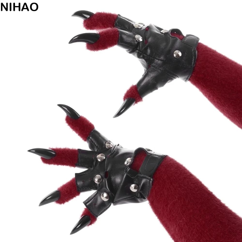 Plush Furry Fursuit Kigurumi Gloves Cartoon Warm Punk Leather Gloves Thicken Kawaii Cat Dog Wolf Animal Paw Gloves