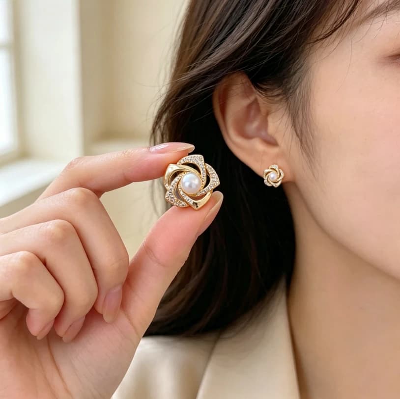 Stylish Swirl Rose Imitation Pearl Stud Earrings, Gold Plated with Shiny Rhinestone Accents, Elegant & Trendy Earrings for Women’s All-Day Wear