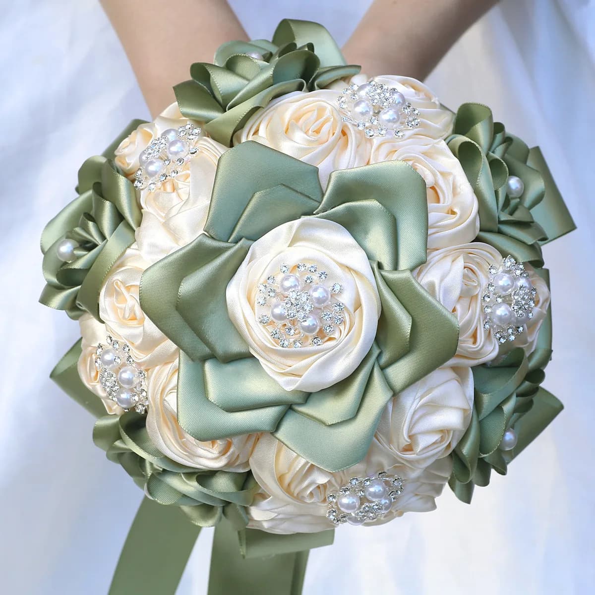 Yannew Sage Green Rustic Wedding Bouquet with Rhinestone Brooches Artificial Rose Flowers Bridal Bouquets for Bride Quinceanera