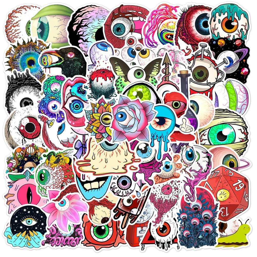 10/30/60pcs Cartoon Evil Eye Horror Eyes Sticker Cool Graffiti Decals Waterproof DIY Helmet Phone Laptop Bike Sticker Wholesale