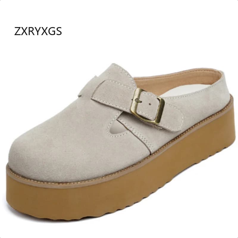 ZXRYXGS Hot Selling 2026 New Fashion Genuine Leather Round Toe Women's Outerwear Slippers Platform Shoes Increased Slippers Tide