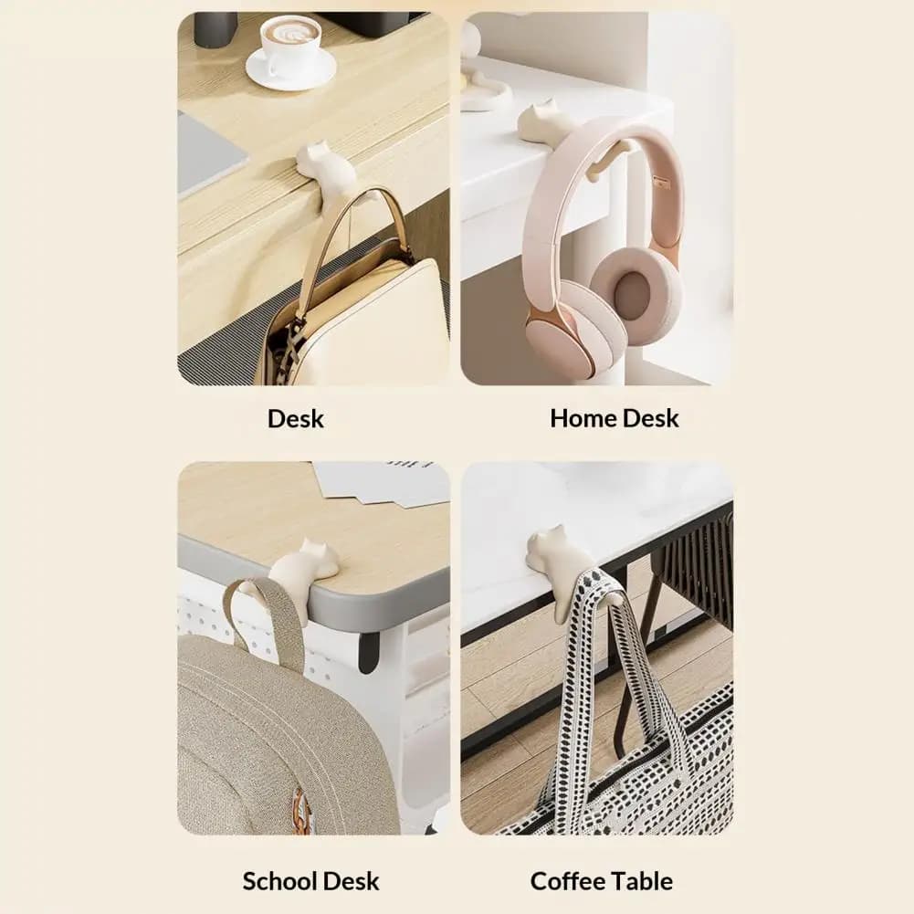 Compact Desk Hook Cute Cat Desk Edge Hooks No-drill Table Hanger for Bags Keys Desktop Organizer Clip for Headphones Accessories