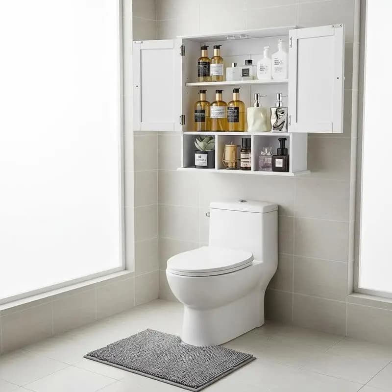 Wall Storage Cupboard 21x8x24 Inch For Laundry Room Kitchen Restroom, Double Doors Adjustable Shelf Open Partition Wall Mounted Hanging Organizer White