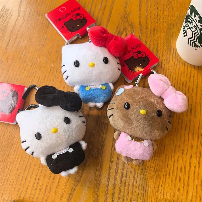 Portachiavi con bambola di peluche Sanrio Hello Kitty, simpatico cartone animato, nero e rosa, Kitty KT, morbido giocattolo imbottito, ciondolo per zaino con motivo bambola.