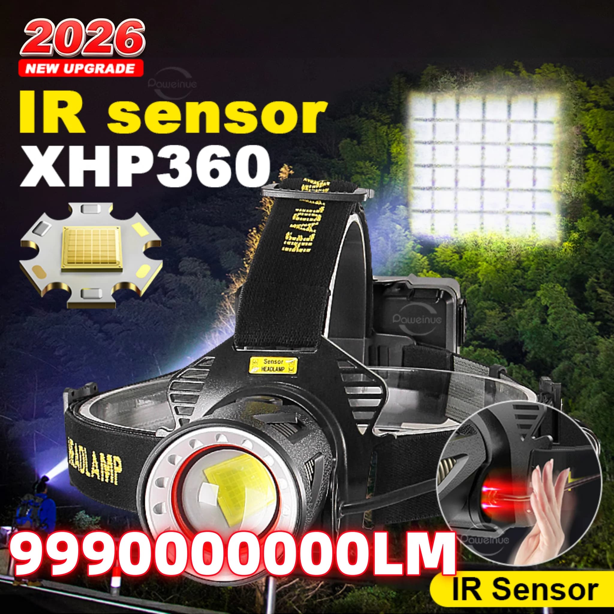 XHP360 IR Sensor LED Headlight High Power LED Flashlight USB Rechargeable Headlamp Long Range 5500M Fishing Hunting Head Lantern