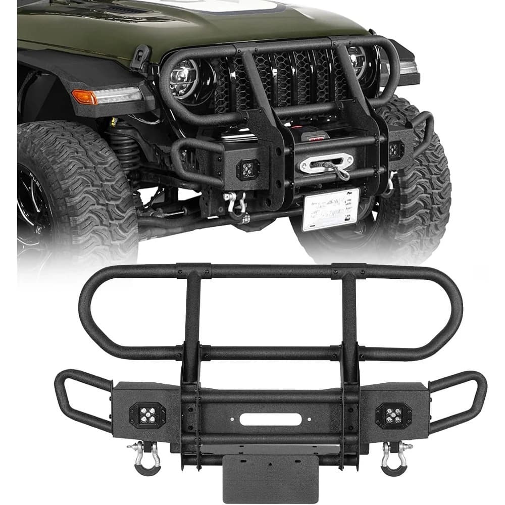 Front Bumper Grille Guard for JL Gladiator JT with Winch Plate Light Mounts D Rings