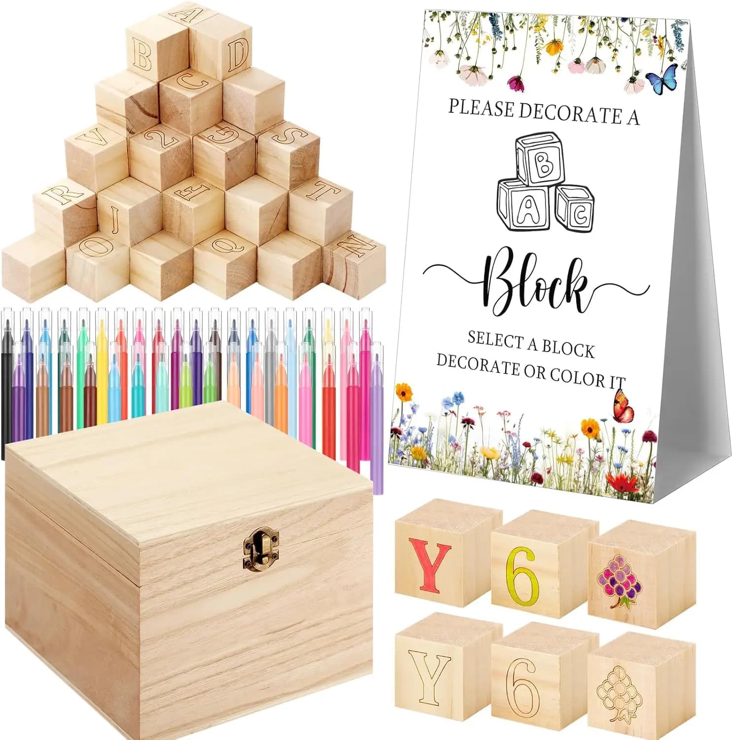 Kit Gioco con 136 Blocchetti per Baby Shower con Pennarelli, Scatola in Legno per Festa di Rivelazione del Sesso del Bambino