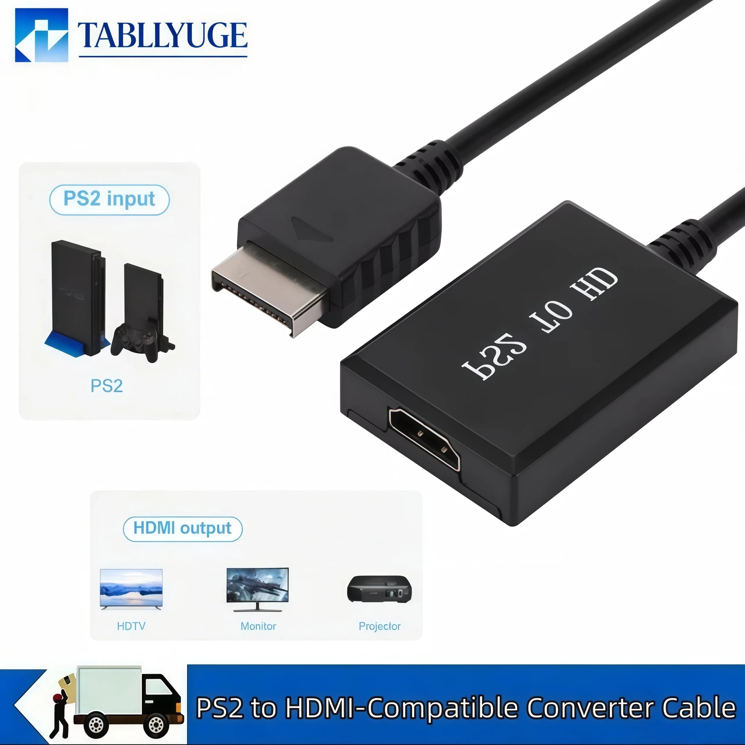 PS2 to HDMI Adapter Audio Video Converter with 3.5mm Audio Cable Compatible with PS1/2/ 480i/480p/576i Display Modes