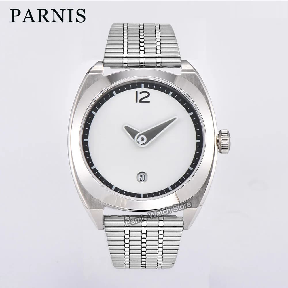 Orologio da Uomo Parnis 42mm con Cassa in Argento, Quadrante Bianco Puro, Vetro Zaffiro, Movimento Meccanico Automatico
