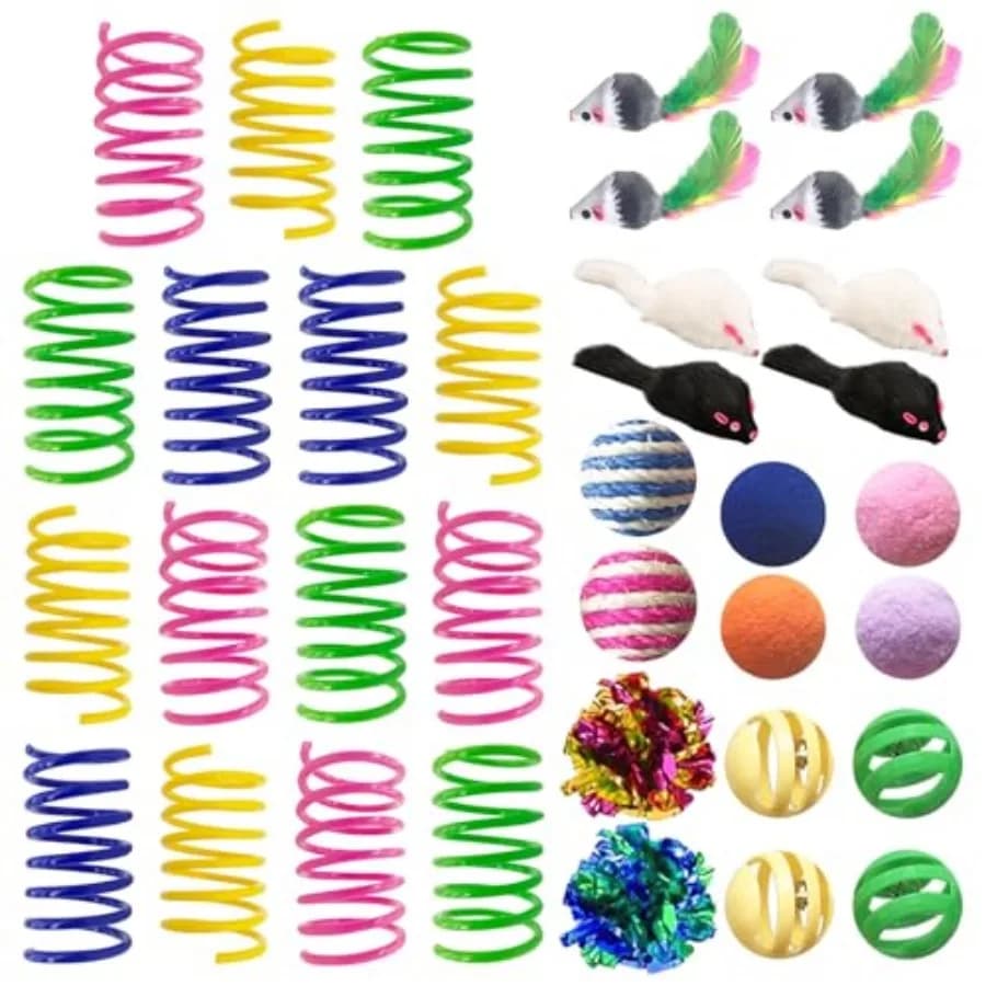 Cat Toys for Indoor Cats, 35 Packs Interactive Cat Toys Set with Colorful Springs, Mouse Cat Toy, Crinkle, Sisal, Pompom and Co