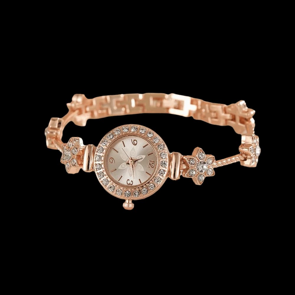 Orologio al Quarzo con Cinturino Sottile e Strass, Quadrante Rotondo Piccolo, Design a Foglia Regolabile, per Donna