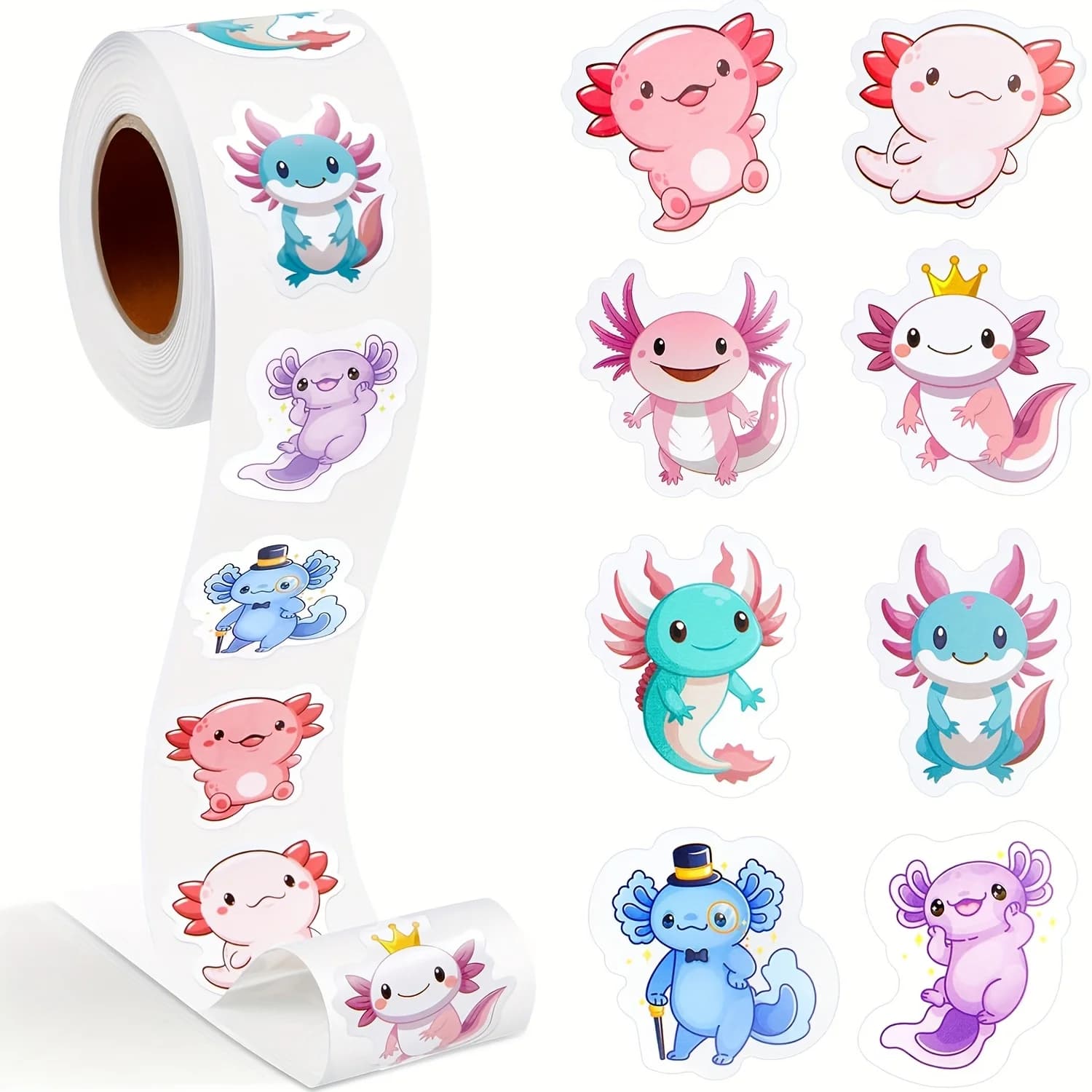 500 Pezzi/Rotolo Adesivi Axolotl, Decalcomanie Carine per Premi, Forniture per Ufficio, Incentivi, Adesivi Animali, Gadget per Feste di Natale