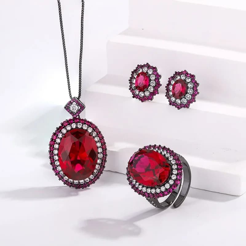 Gioielli da Donna in Argento S925 Placcato Oro 18K e Platino PT950 con Corindone Rosso e Oro Nero, Set 15 * 20-13 * 18
