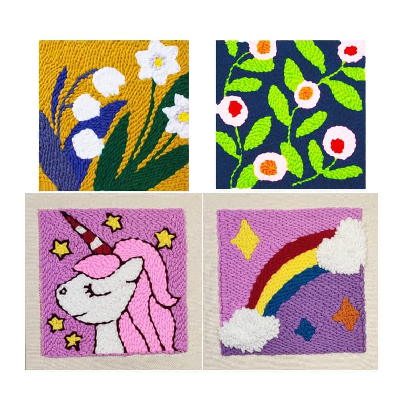 Square 26cm Cute Cartoon Punch Needle Starter Kit Soft Yarn Punch Needle Embroidery Kits for Beginners Kids DIY Home Decor