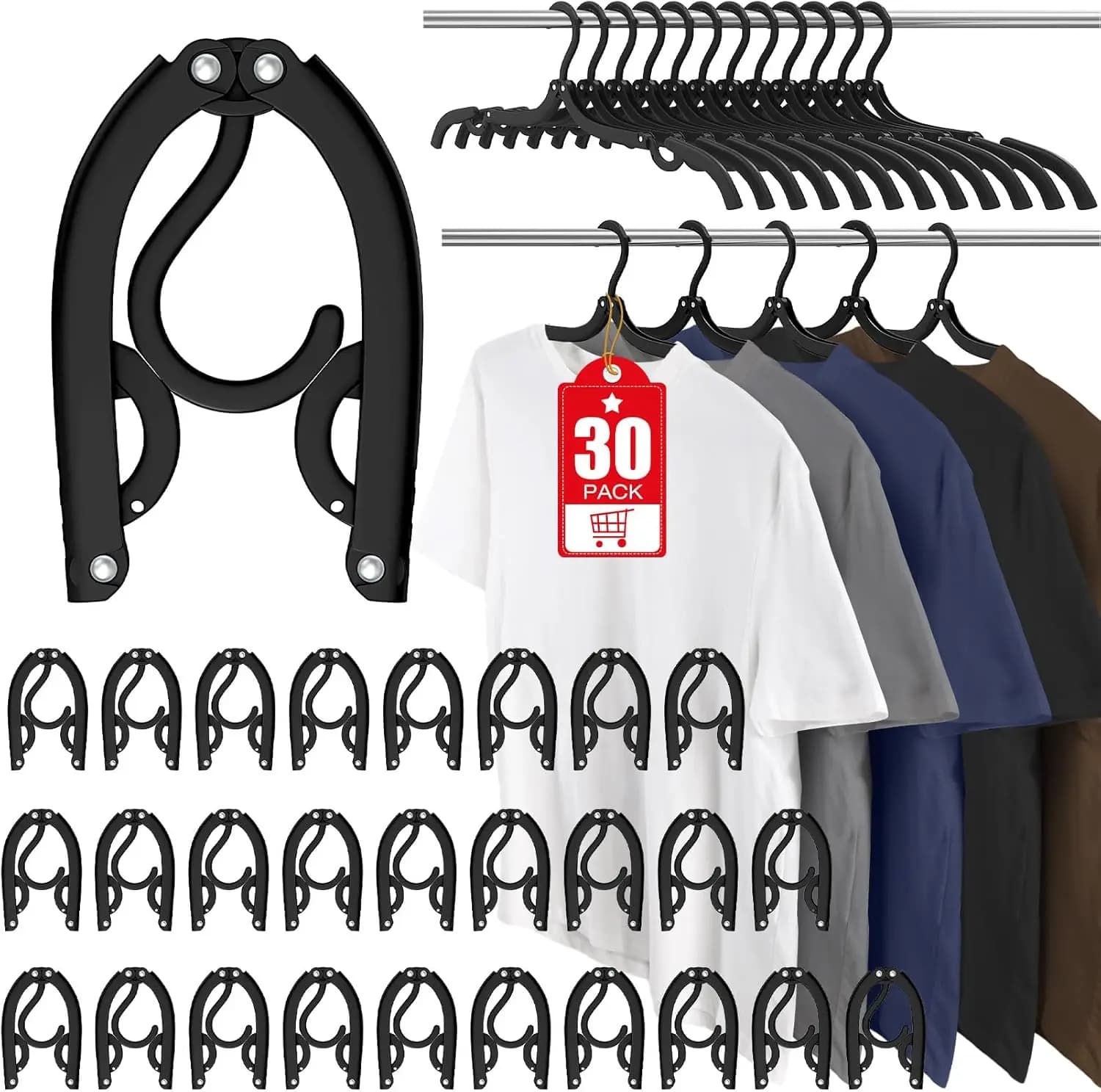30 Pieghevoli Travel Clothes Hanger, Stendibiancheria Laptop for Camping, Camper and Holiday, Black