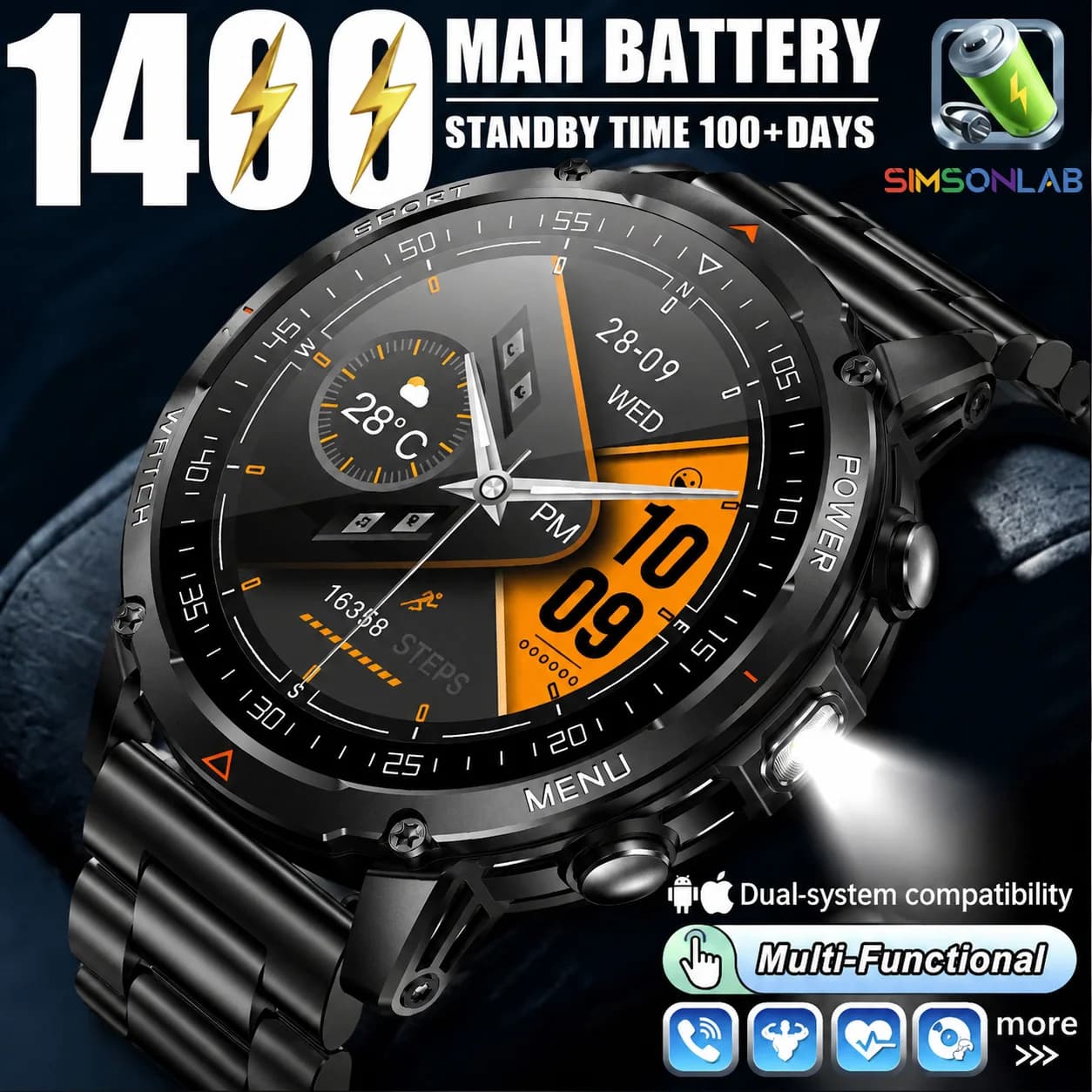 Nuovo Smartwatch T-rex3 da Uomo con Batteria Durevole da 1400mAh, Schermo HD da 1.53", Fitness Tracker, Ossigeno nel Sangue e Torcia LED per Android 2026