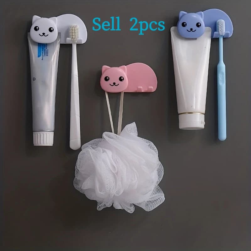 2pcs Cute Cat Design Wall Mounted Toothpaste and Toothbrush Holder - Convenient and Stylish Bathroom Accessory