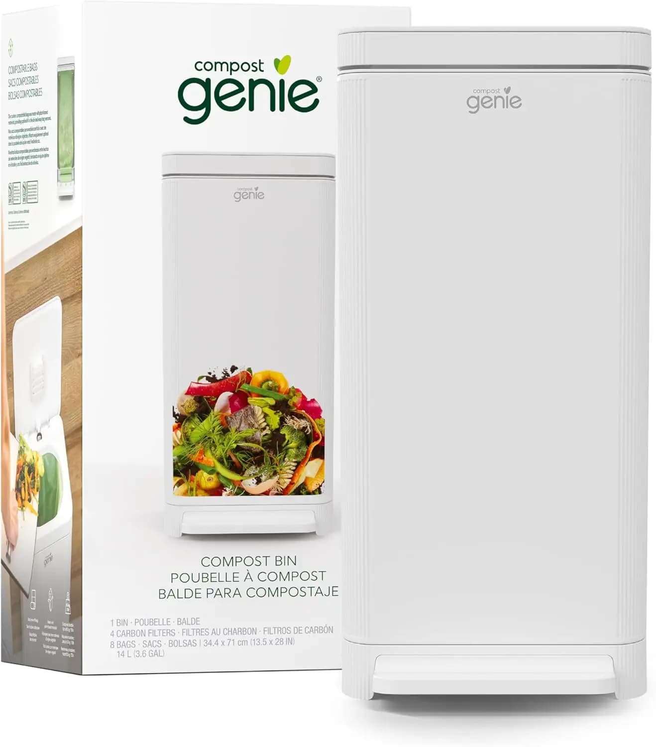 Contenitore per Compost da Cucina in Acciaio Inox Bianco, Grande 3-6 Galloni, per Interni, Inodore, Compostaggio a Mani Libere, Parti Lavabili, Include 8 Pezzi
