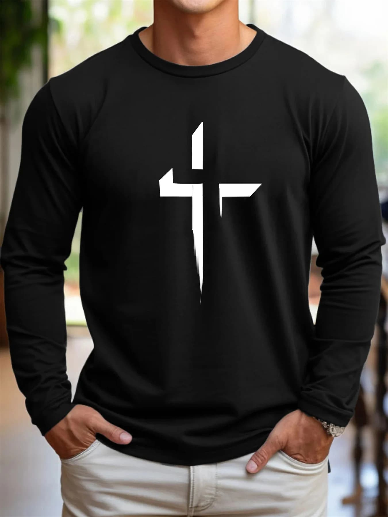 Versatile spring and autumn t-shirt printed with casual cross pattern loosened with 100% cotton men's long sleeves