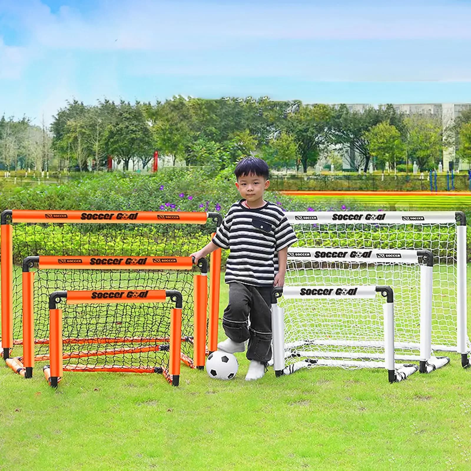 Porta da calcio con picchetti da terra e pallone, pieghevole, per parco e giardino