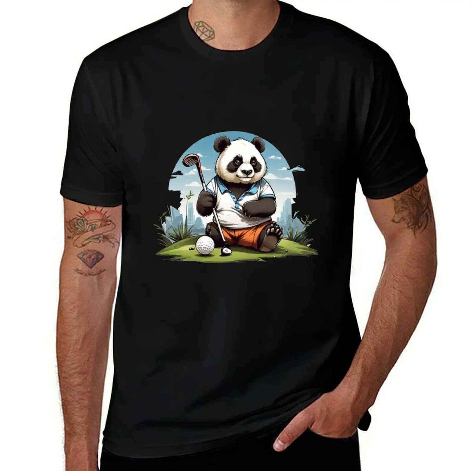 T-shirt Happy Panda che gioca a golf, maglietta basic a maniche corte da lavoro