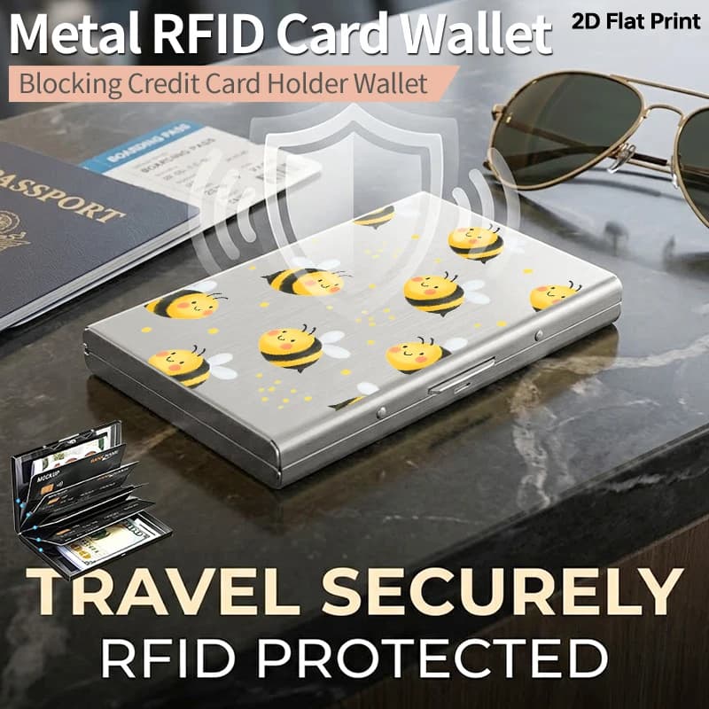 Portacarte in Metallo RFID Ultra Sottile con Apertura Laterale, Effetto Acquerello Ape Miele, Porta Carte di Credito Satinato, Antifurto, Portafoglio di Sicurezza per Affari