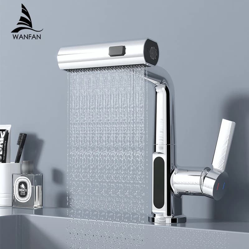 Rubinetto per lavabo estraibile a cascata in argento Sollevare verso il basso Spruzzatore a flusso Miscelatore per lavabo acqua calda fredda Rubinetto per il bagno