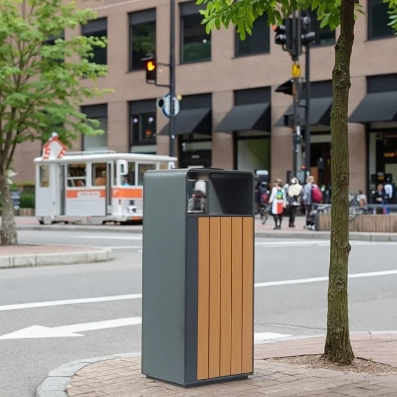 Contenitore esterno moderno in acciaio inossidabile con pattumiera in legno con posacenere per pattumiera per il riciclaggio stradale