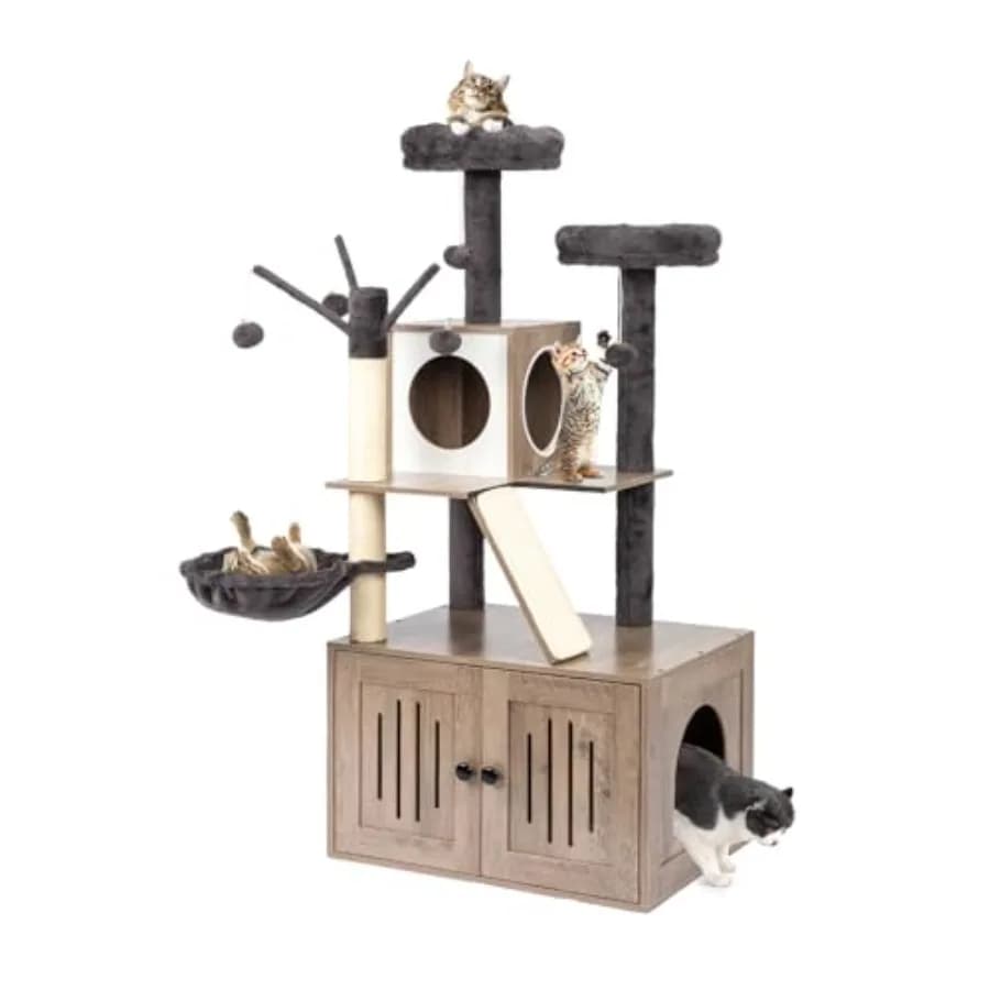 54 H Albero per gatti in legno All-in-1 con lettiera, grigio, per gatti da interno, con lettiera nascosta e zona lavaggio, con tiragraffi