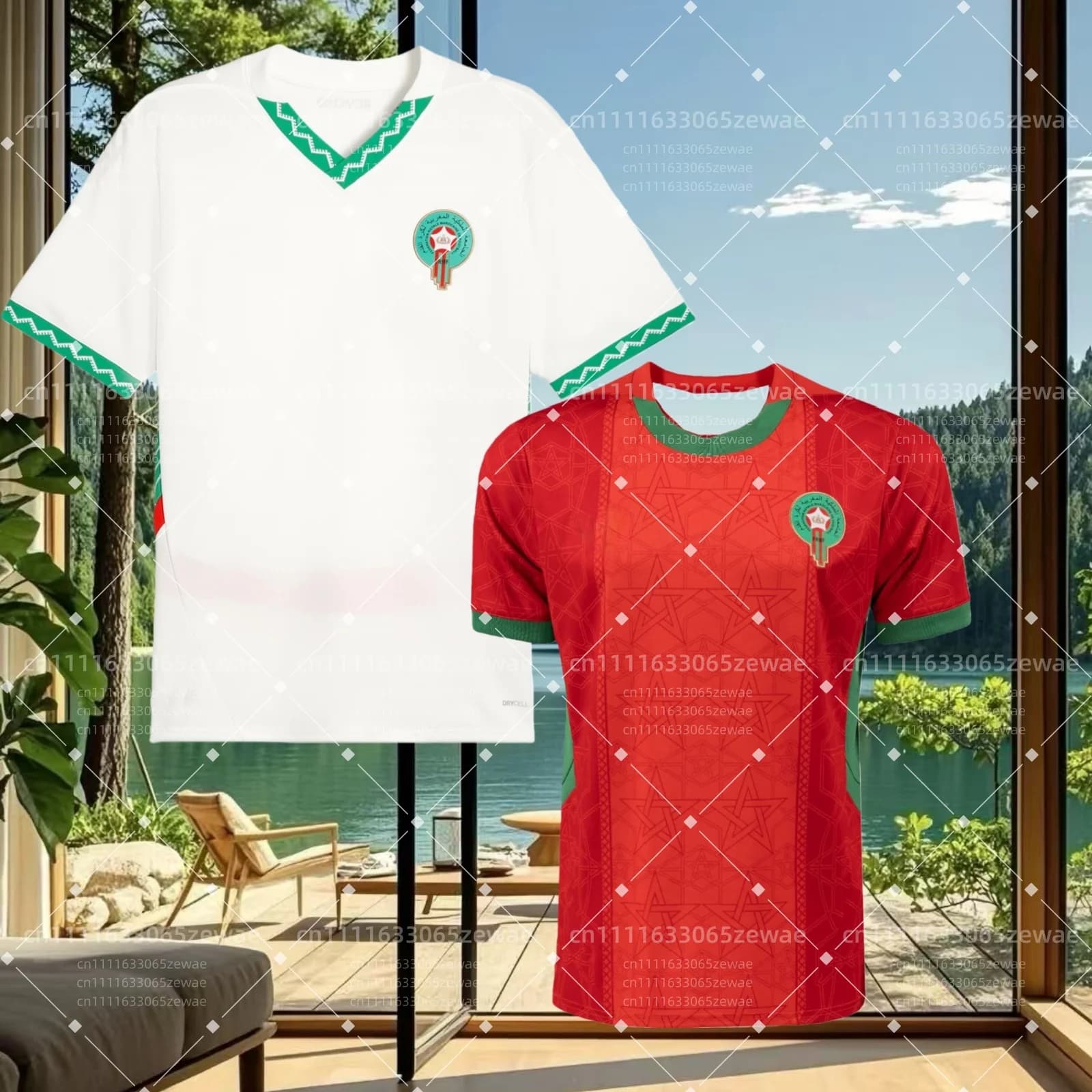 Maglia da Calcio della Nazionale del Marocco 2024_25 - Bianca Verde Rossa con Motivo Tradizionale, Manica Corta, per Tifosi, Partite e Sport, da Uomo
