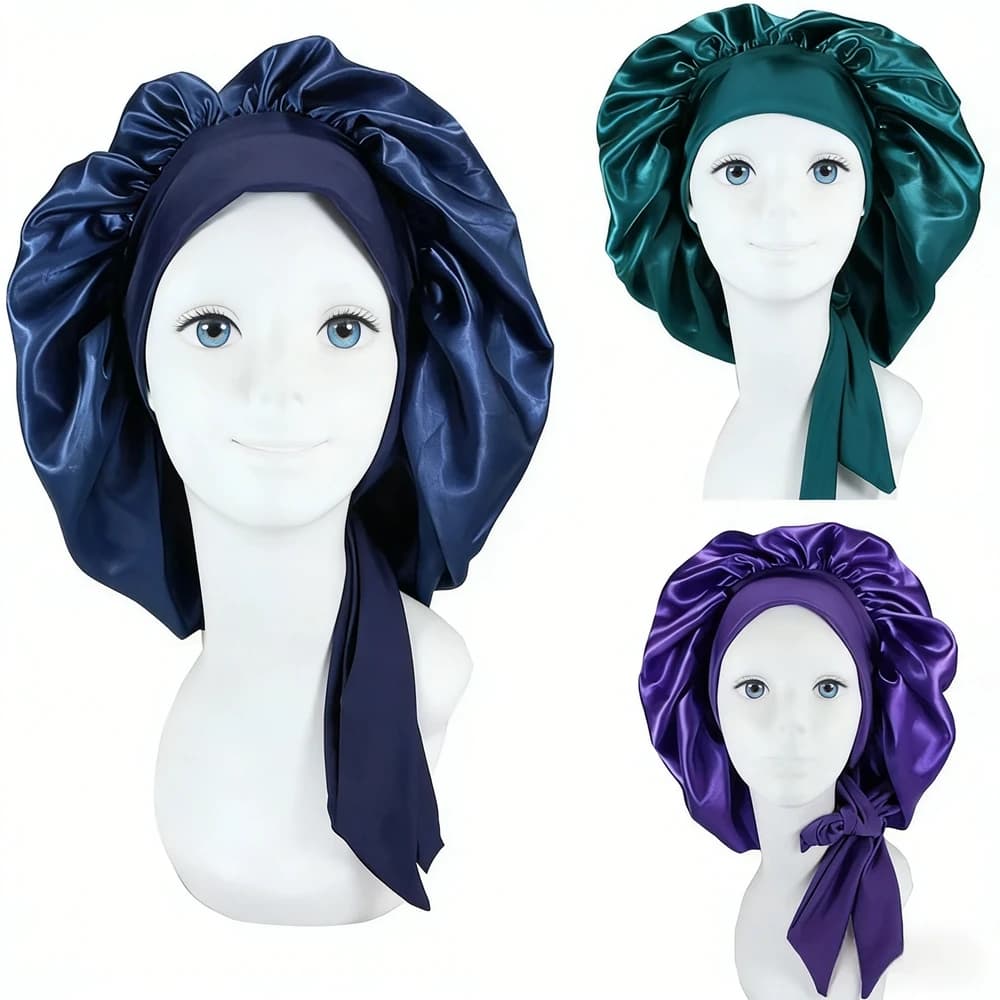Berretto da donna in raso di grandi dimensioni per cappello da notte Berretto da notte per la cura dei capelli Berretto per capelli in seta Bonet per capelli ricci elastici da donna