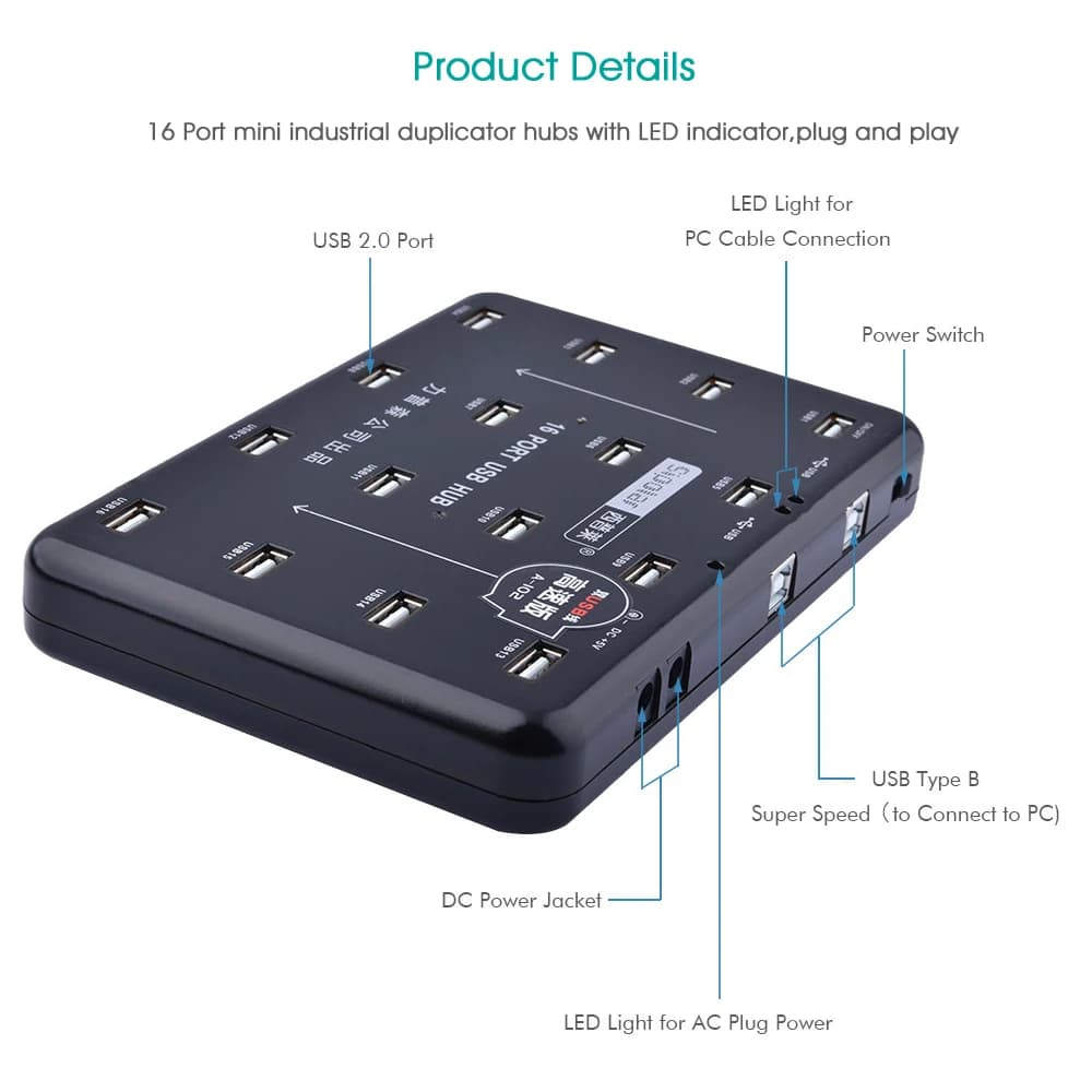 16 Ports USB2.0 Powered Hub 15W Multi Device Splitter With Free Software For Mass Copy TF SD Micro Cards Batch Download