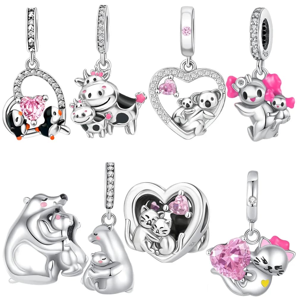 Silver 925 Mother Baby Cow Pendant Charms Beads Fit Original Bracelets Bag Keychain Charms Beads Pendant Diy Women Jewelry Gift