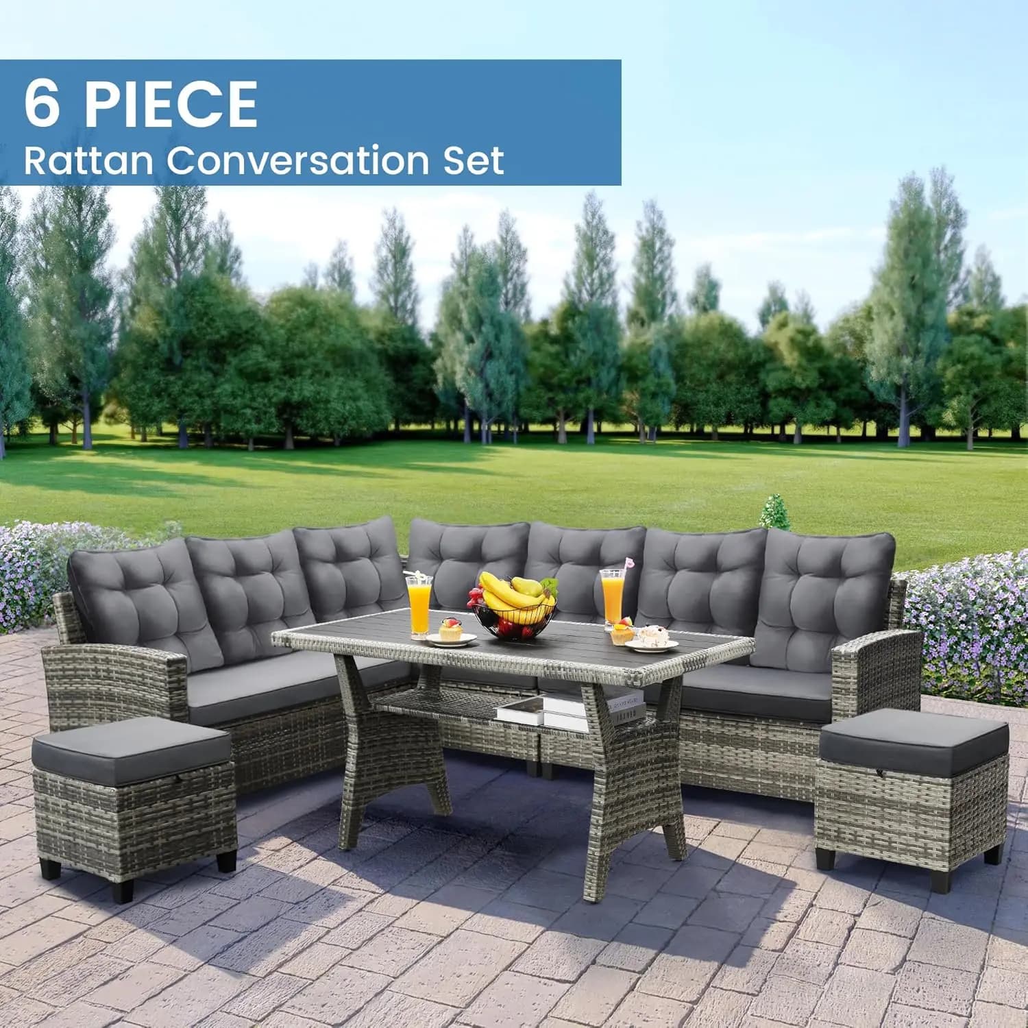 6-Piece Patio Sectional Sofa Dining Set All-Weather Removable Cushion Covers Garden Porch Backyard, Custom