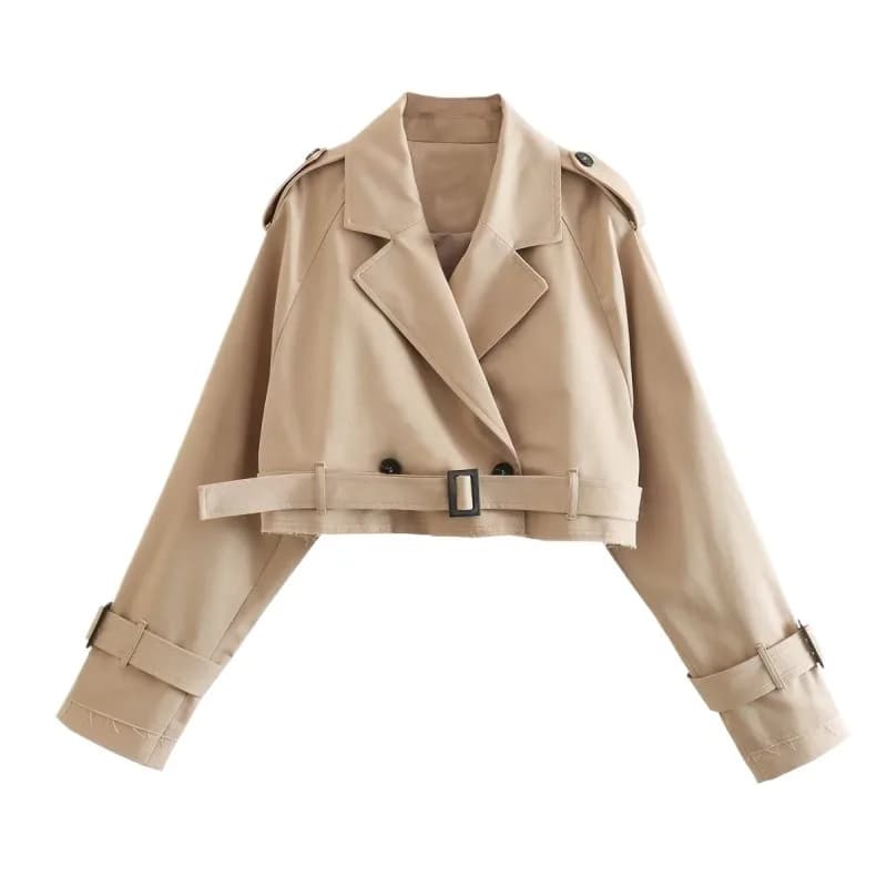 Belt Cropped Trench Spring Jacket Women Vintage Streetwear Double Breasted Long Sleeve Top Female Coat Outfits