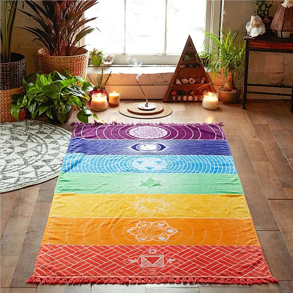 Yoga Carpet for Meditation Multipurpose Mat with tassel Chakra Sun-proof Scialle Rectangular Arch Colored for Travel
