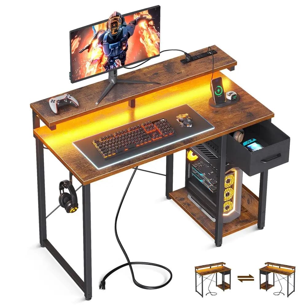 Scrivania da Gaming con Luci LED e Presa di Corrente, Scrivania per Computer da 40 Pollici con Cassetto, Scrivania Piccola Reversibile con Supporto per Monitor e Sedia