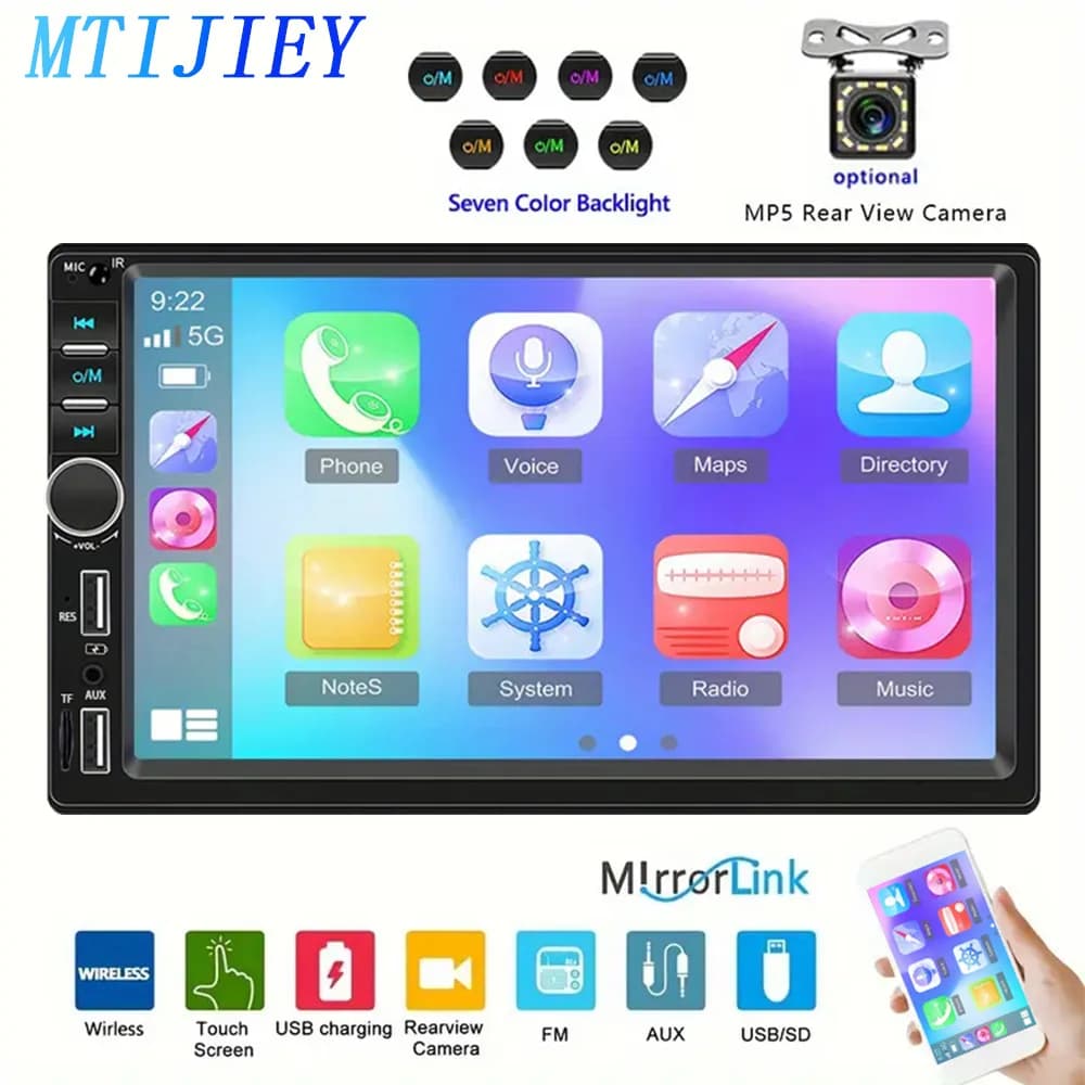 Autoradio 2 DIN con schermo touch HD da 7 pollici, lettore multimediale, stereo per auto, MP5, Bluetooth, USB, TF, FM, telecamera