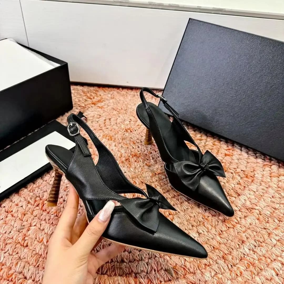 Elegant Bow Slingback Pumps Ladies Pointed‑Toe Leather High Heels Buckle Strap Dress Heeled Sandals