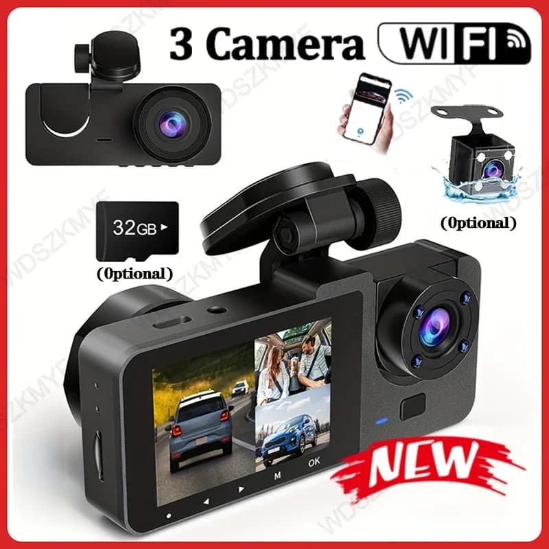 Telecamera per auto a 3 canali, Dashcam WiFi a tripla lente, Videoregistratore HD 1080P, Visione notturna, DVR per auto con grandangolo per la parte anteriore e la Rea