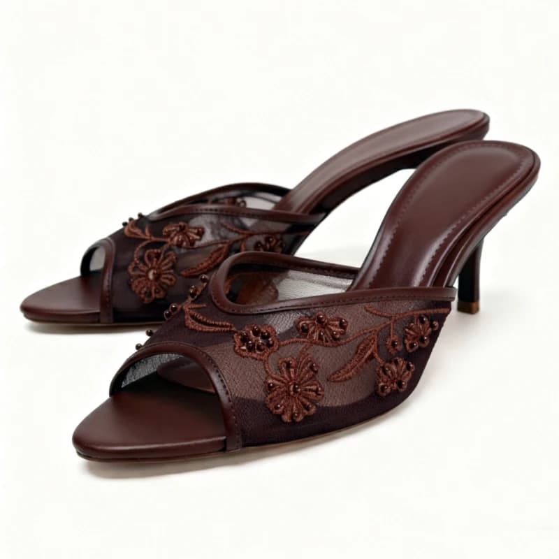 Women's Heel Sandals in Embroidered Net, Open Toe, New Collection 2026, Elegant Breathable Slippers with Beads