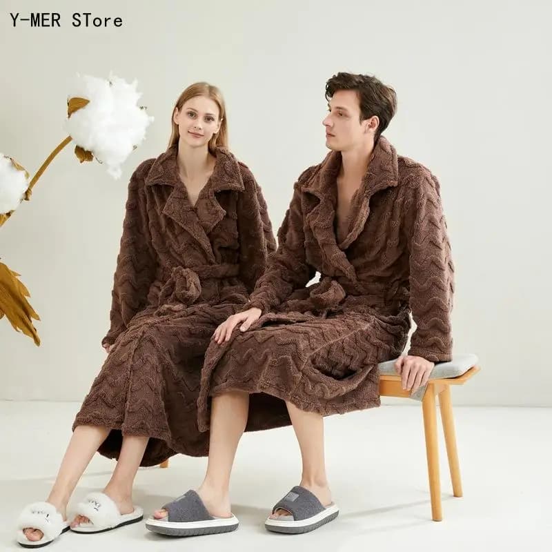 Unisex Couple Long Flannel Bathrobe Thickened Warm Kimono Gown Solid Color Belted Loungewear for Men Women Autumn Winter