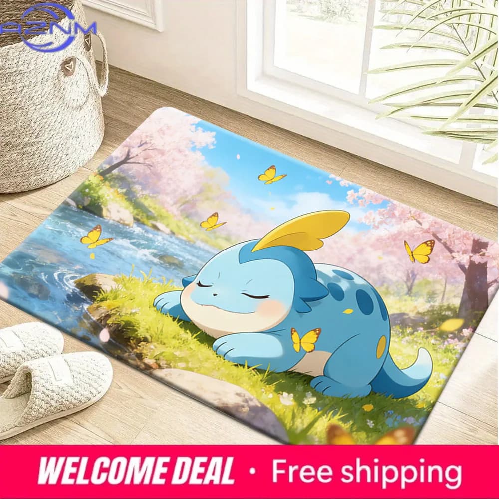 Pokemon Quagsire Sleeping by the River with Cherry Blossoms Print Doormat Tappetino assorbente antiscivolo per l'ingresso interno della casa