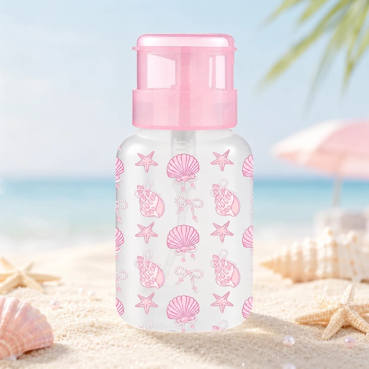 220ml Pink Shell Print Pump Dispenser Bottle Refillable Travel Container for Toner Makeup Remover Cotton Pads Nail Salon Women