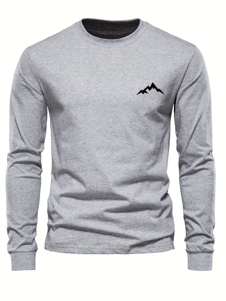 Autumn Men's Long Sleeve T-Shirt Pattern Printed T-Shirt Gray Comfortable Top Solid Color Versatile Men's Clothing Men's T-Shirt